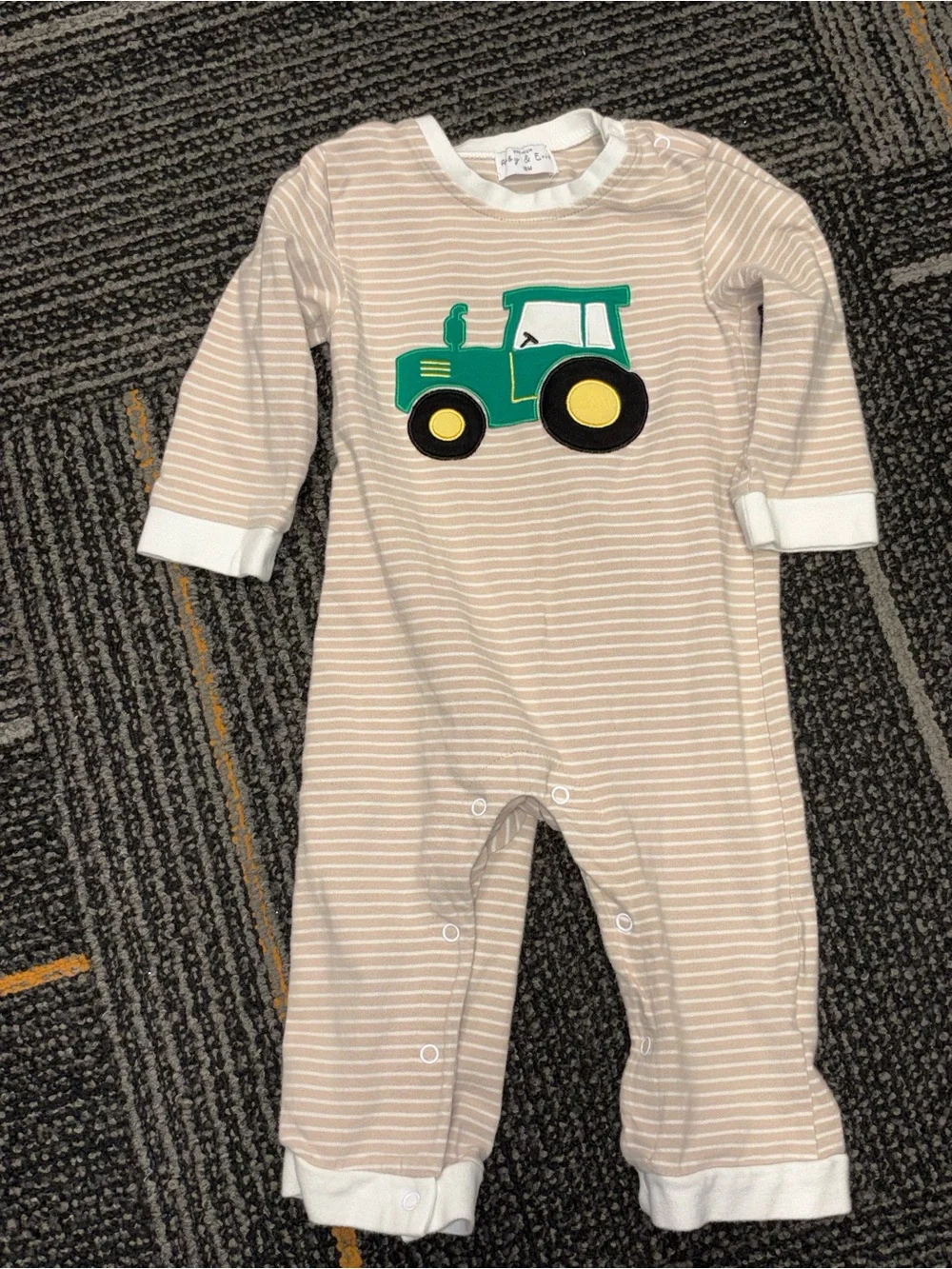 Beige Stripe One-Piece Footie with Green Tractor